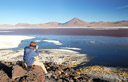 Laguna Colorada (Lagoa Vermelha) no sudoeste do altiplano da Bol�via. A parte branca do lago � o borax - (Na2B4O7�10H2O), tamb�m conhecido como Borato de s�dio ou Tetraborato de s�dio � um composto importante do boro que � utilizado para Esmates de porcelana, vidros, vidros �pticos, fertilizantes, etc. A parte predominante avermelhada s�o algas, alimento abundante para os flamingos.