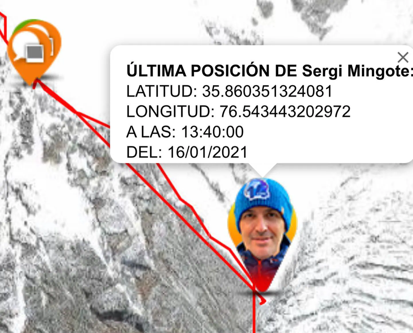 As últimas posições do GPS, mostram a queda de Sergi Mingote